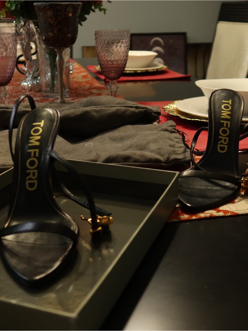 Tom Ford Black Leather Gold-Buckle Strappy Heels
